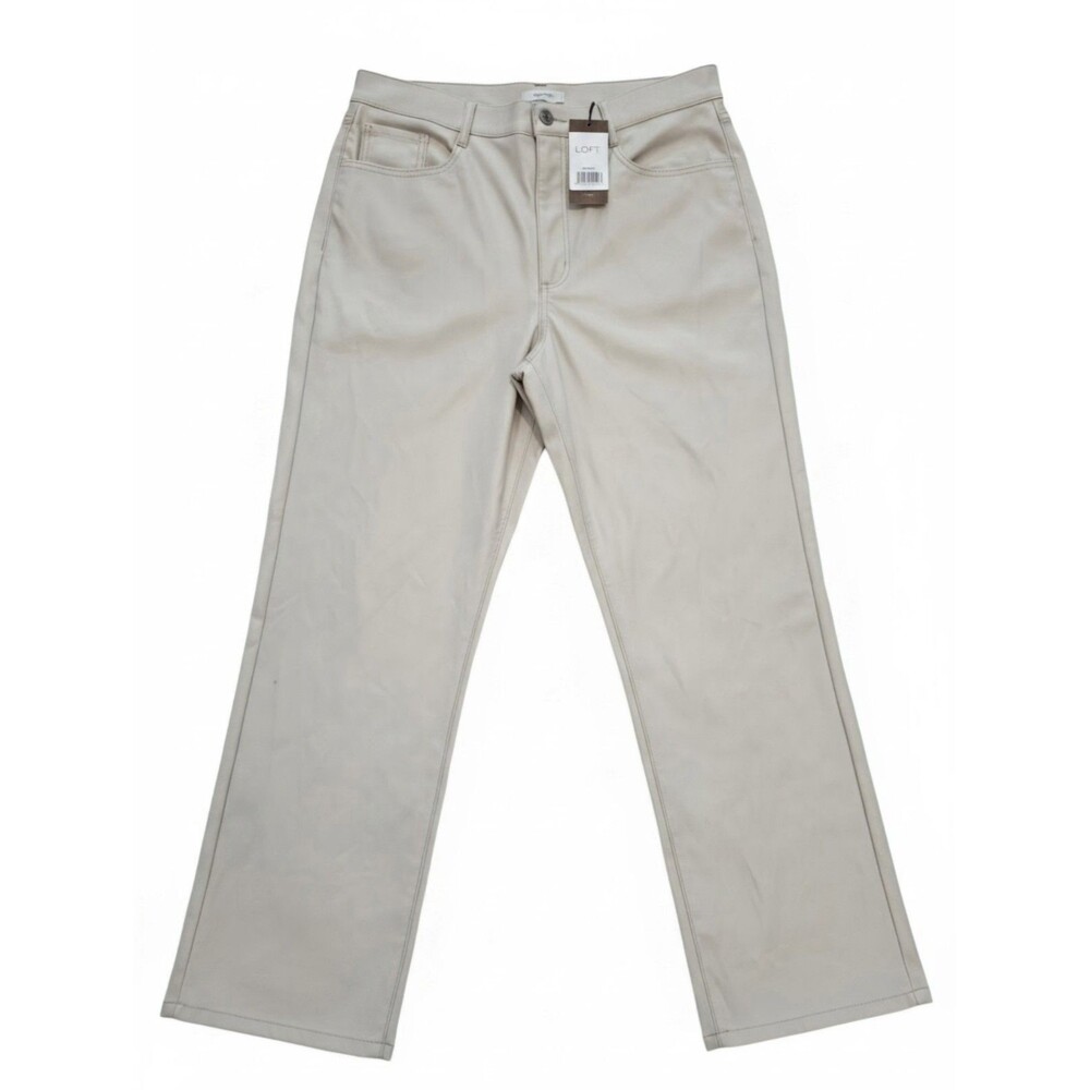 NWT LOFT Faux Leather Five Pocket Straight Pants Cream Minimalist Chic Size 12